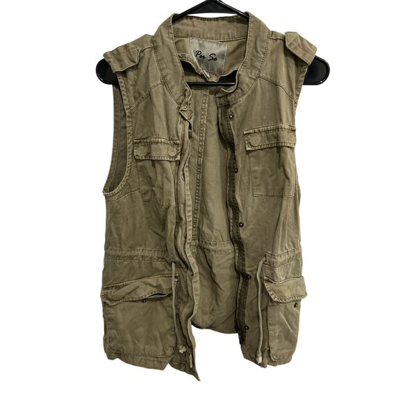 Per Se Lightweight Olive Utility Vest Multiple Pockets Drawstring Waist Sz S - Picture 1 of 10